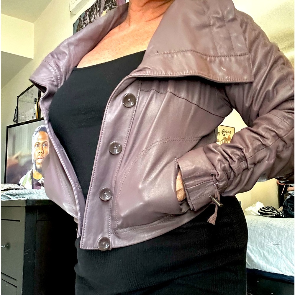 BeBe plum Roche arm and collate leather jacket